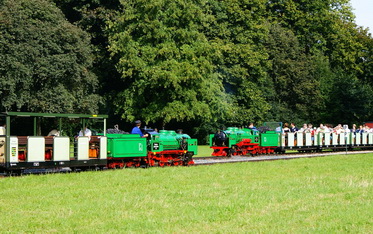 Bild: Die Krauss Dampflokomotiven Lisa und Moritz begegnen sich auf der großen Wiese im Dresdner Großen Garten
