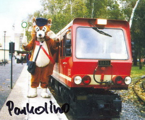 Bild Parkolino, das Maskottchen der Parkeisenbahn und Elektroakkulok EA02 im Jahr 1998