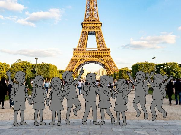Silhouette einer Kindergruppe vor dem Eiffelturm