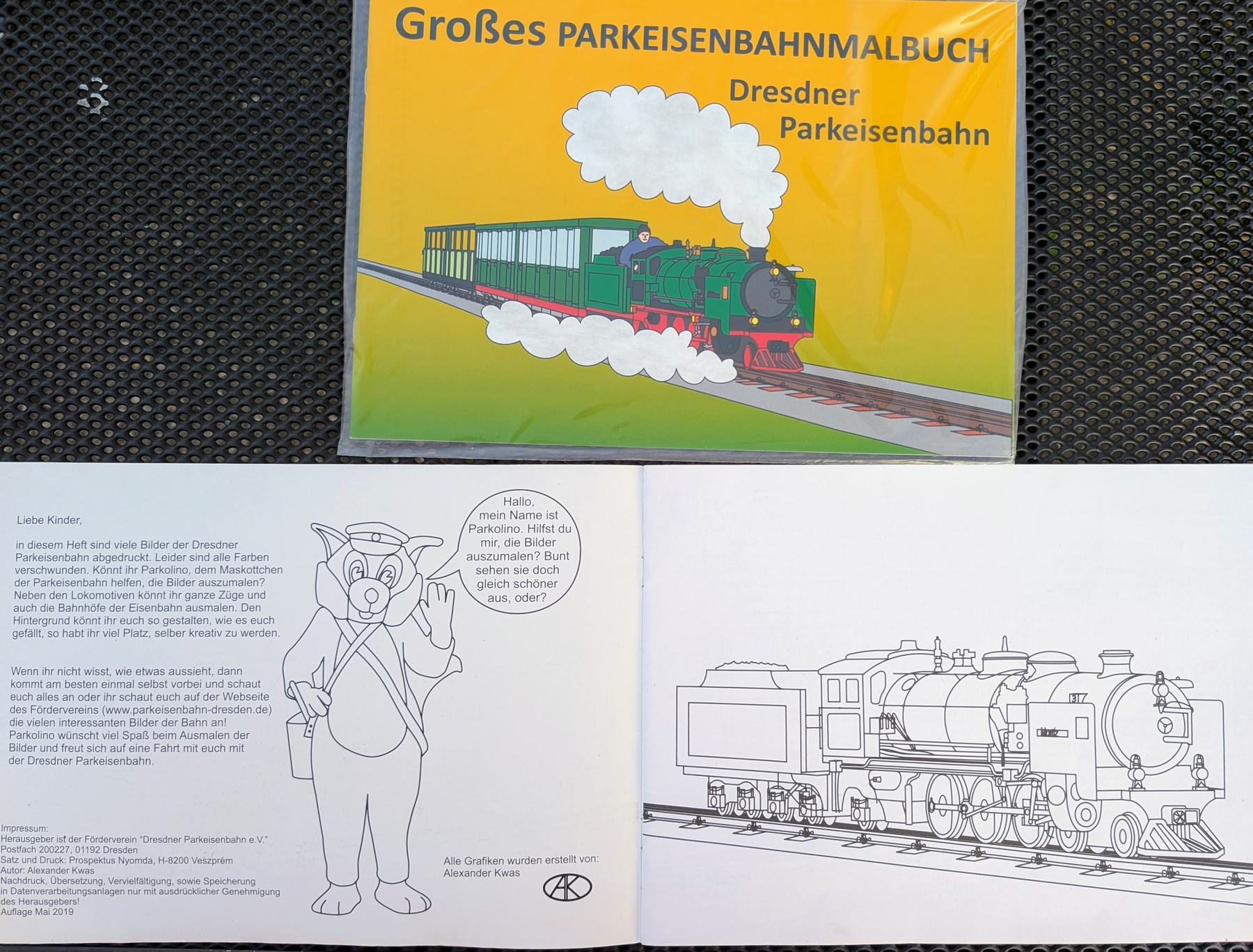 Deckblatt und Ausmalbilder des Malbuches der Parkeisenbahn