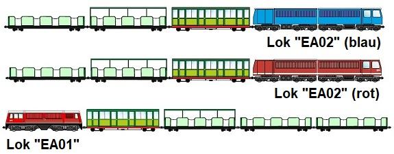 Übersicht über die drei Bastelbögen: Zug mit Lok EA02 (jeweils in rot und blau) sowie Zug mit Lok EA01