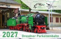 Deckblatt des Monatskalenders der Parkeisenbahn 2027 mit Dampflok 001 vor dem Lokschuppen